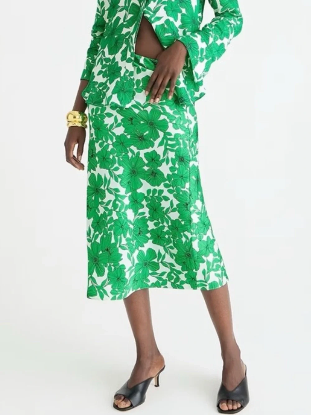 J. Crew Gwyneth Satin Green White Floral Midi Slip Skirt
